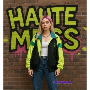 Vintage 90s Givenchy Active Sports Neon Yellow Windbreaker Retro Unisex Logo Ski